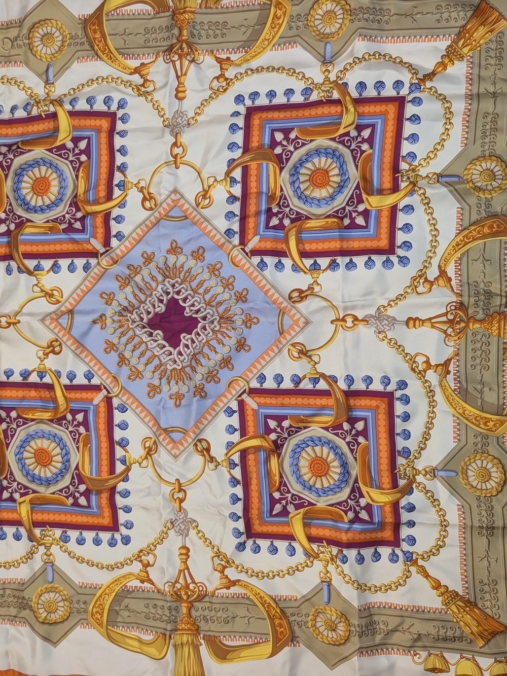 Vintage Gucci Equestrian Tassel & Stirrup Silk Scarf, likely from the 1980s.
